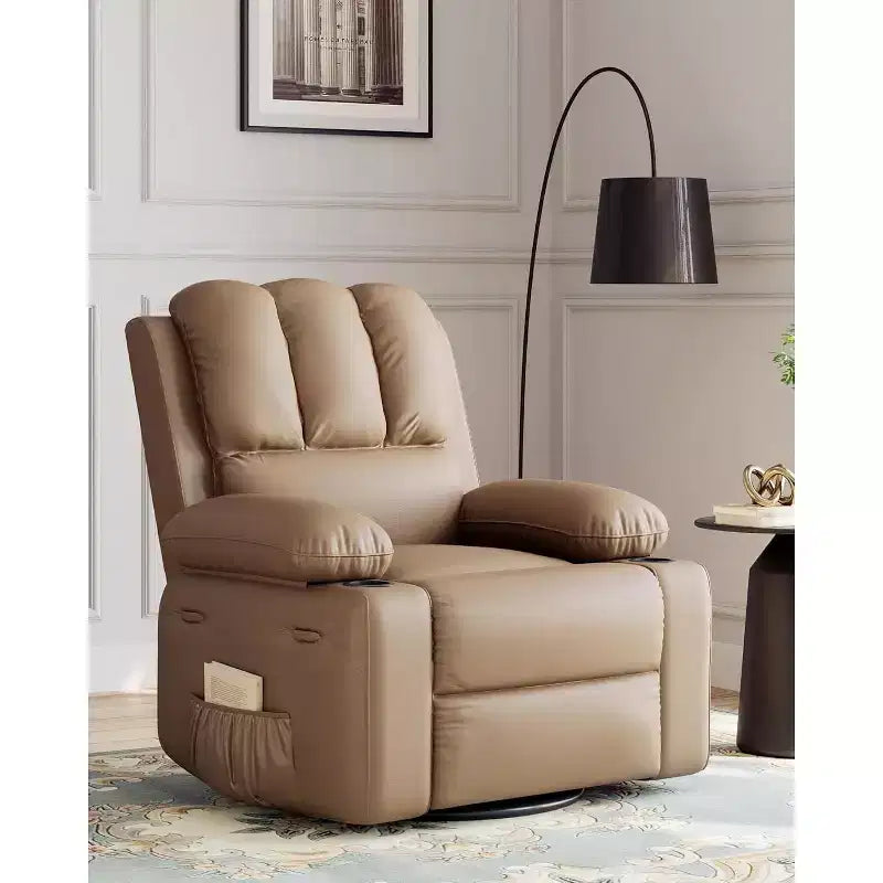 Poltrona reclinabile manuale in similpelle beige/grigia/kaki, monoposto con supporto lombare e braccioli