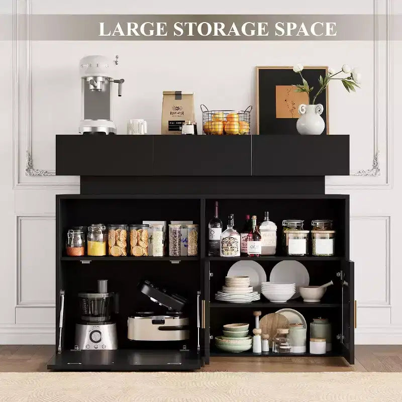 Credenza Beige/Nera con 3 Cassetti, Ricarica USB, Scaffale Regolabile – 1 Persona