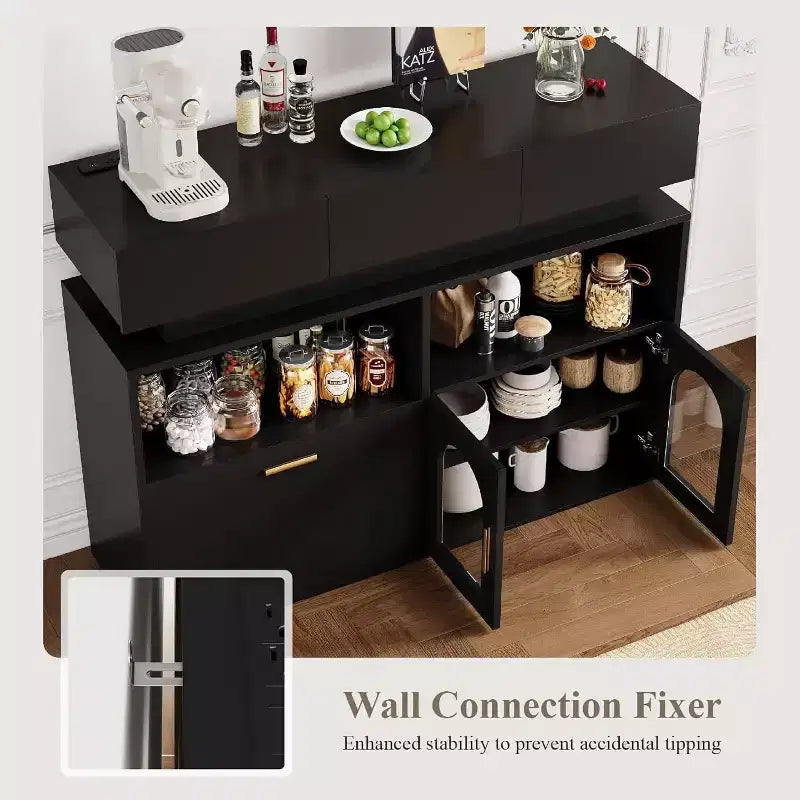 Credenza Beige/Nera con 3 Cassetti, Ricarica USB, Scaffale Regolabile – 1 Persona