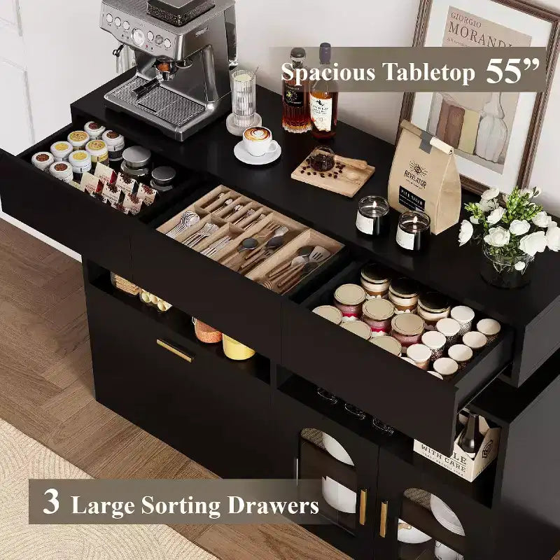 Credenza Beige/Nera con 3 Cassetti, Ricarica USB, Scaffale Regolabile – 1 Persona