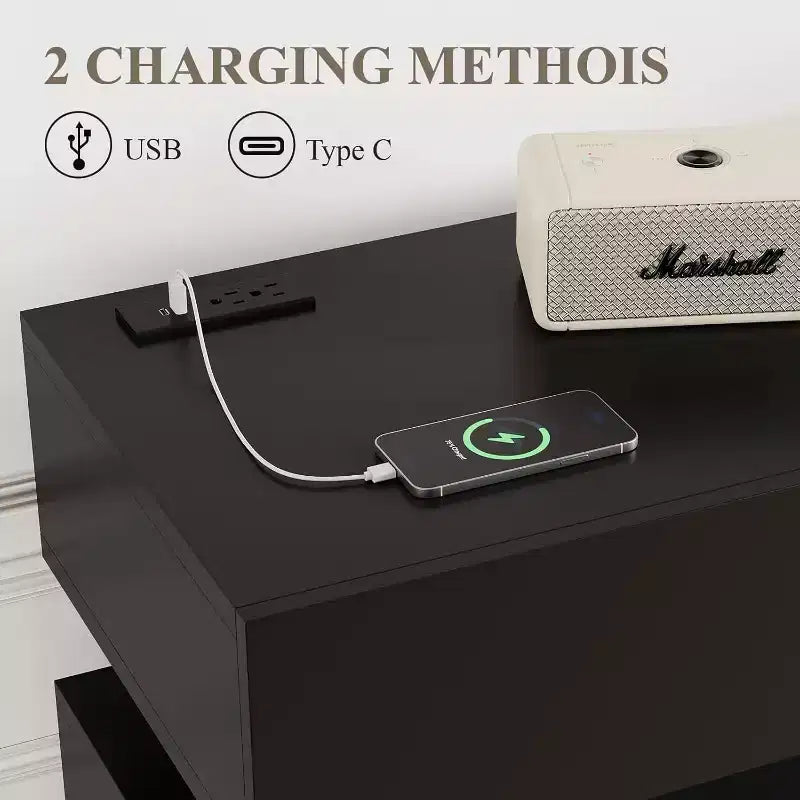 Credenza Beige/Nera con 3 Cassetti, Ricarica USB, Scaffale Regolabile – 1 Persona