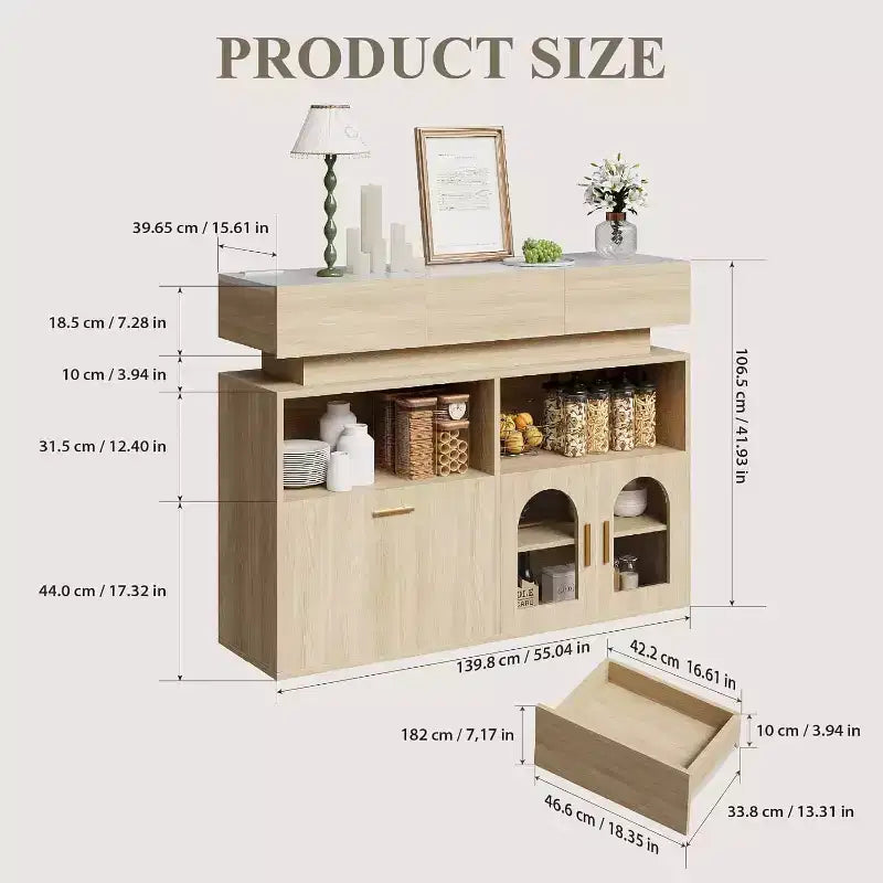 Credenza Beige/Nera con 3 Cassetti, Ricarica USB, Scaffale Regolabile – 1 Persona