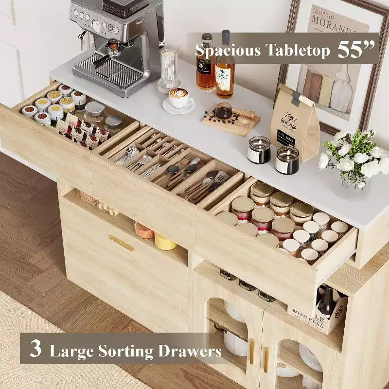 Credenza Beige/Nera con 3 Cassetti, Ricarica USB, Scaffale Regolabile – 1 Persona