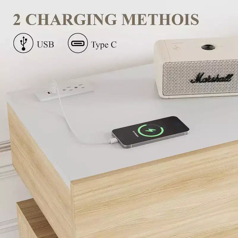 Credenza Beige/Nera con 3 Cassetti, Ricarica USB, Scaffale Regolabile – 1 Persona