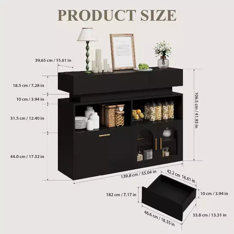 Credenza Beige/Nera con 3 Cassetti, Ricarica USB, Scaffale Regolabile – 1 Persona