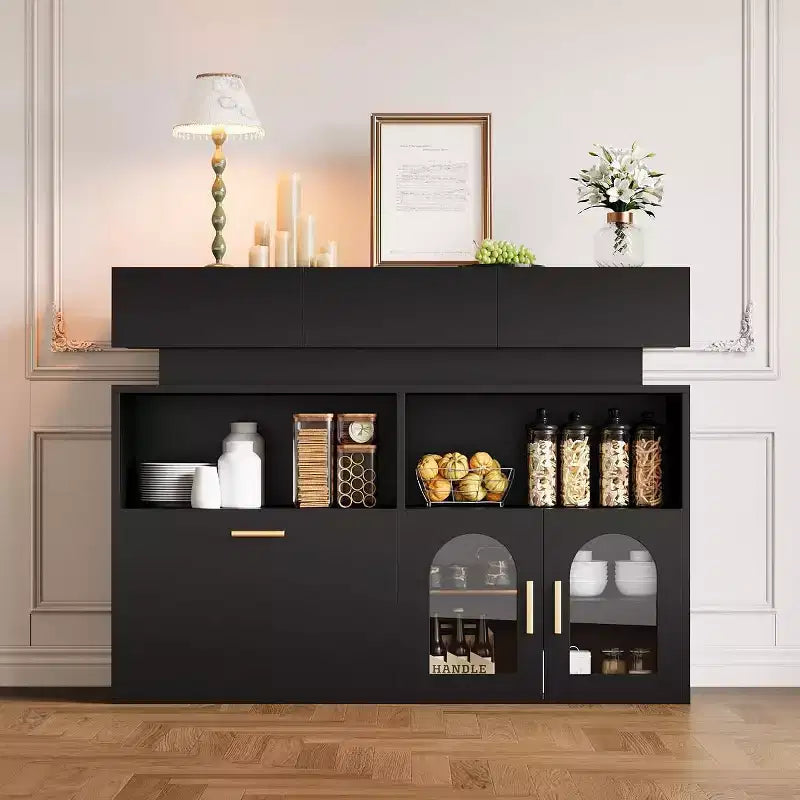 Credenza Beige/Nera con 3 Cassetti, Ricarica USB, Scaffale Regolabile – 1 Persona