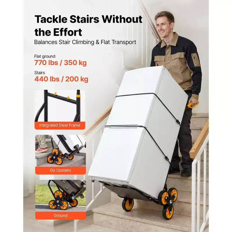 Carrello Pieghevole Saliscale Nero+Arancione, Capacità 200 kg, Uso per 1 Persona