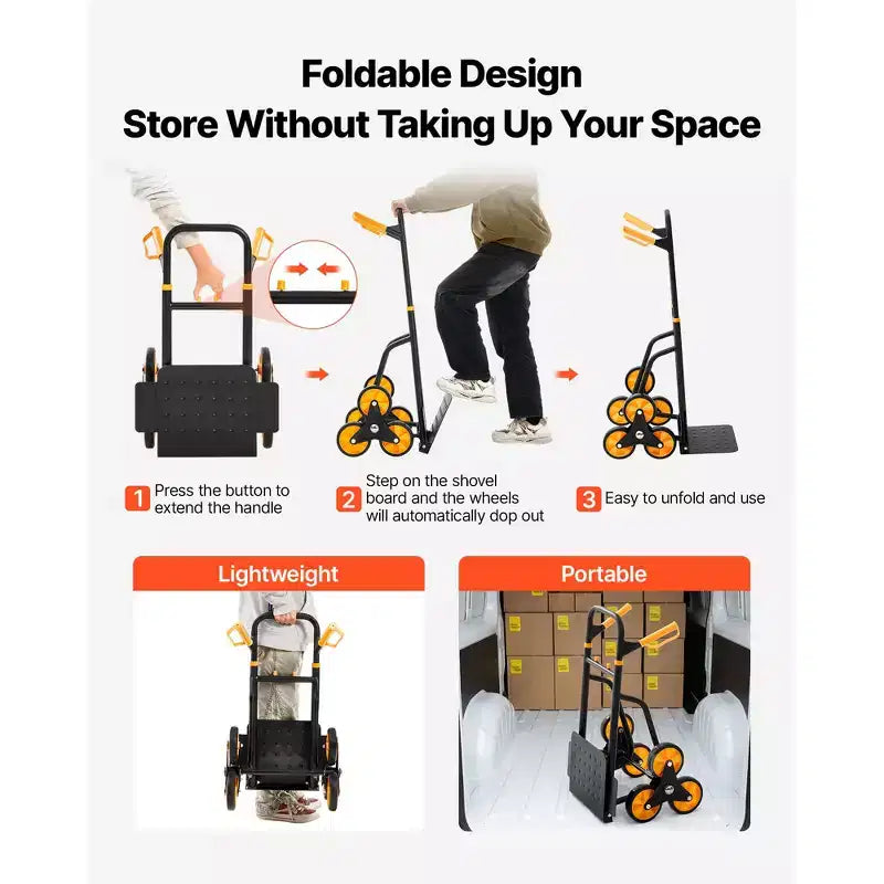 Carrello Pieghevole Saliscale Nero+Arancione, Capacità 200 kg, Uso per 1 Persona