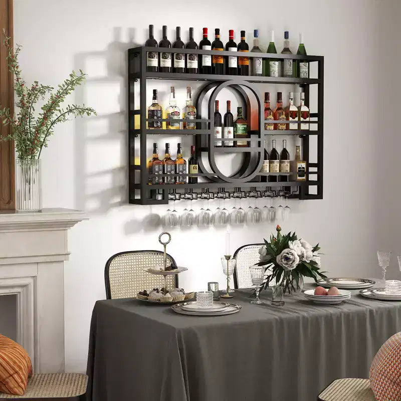 Rastrelliera per vino da parete in metallo nero con portabicchieri, 39/47 pollici, capacità 36 bottiglie, installazione da 1 persona