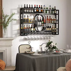 Rastrelliera per vino da parete in metallo nero con portabicchieri, 39/47 pollici, capacità 36 bottiglie, installazione da 1 persona