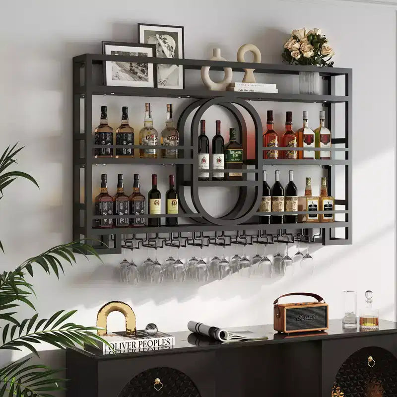 Rastrelliera per vino da parete in metallo nero con portabicchieri, 39/47 pollici, capacità 36 bottiglie, installazione da 1 persona