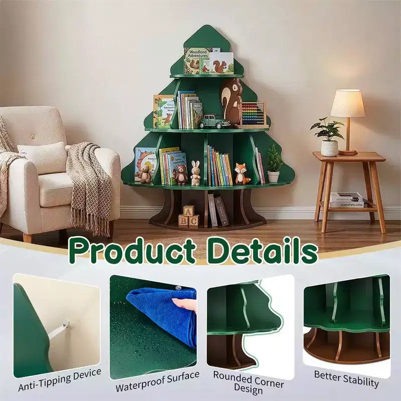Libreria a 4 livelli con 12 scomparti per bambini - Design albero di Natale e scoiattolo, MDF, Età 3+
