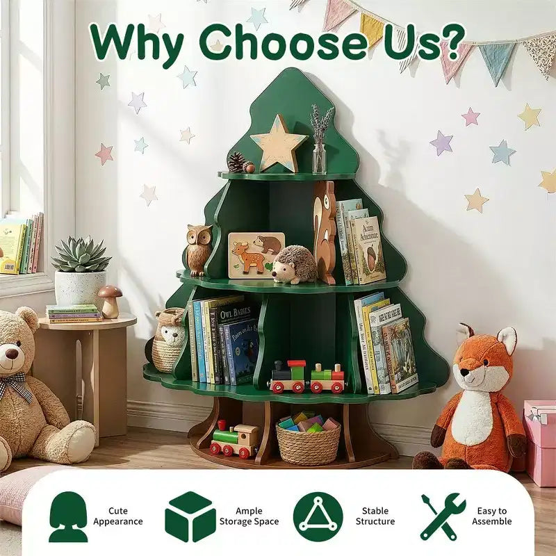 Libreria a 4 livelli con 12 scomparti per bambini - Design albero di Natale e scoiattolo, MDF, Età 3+