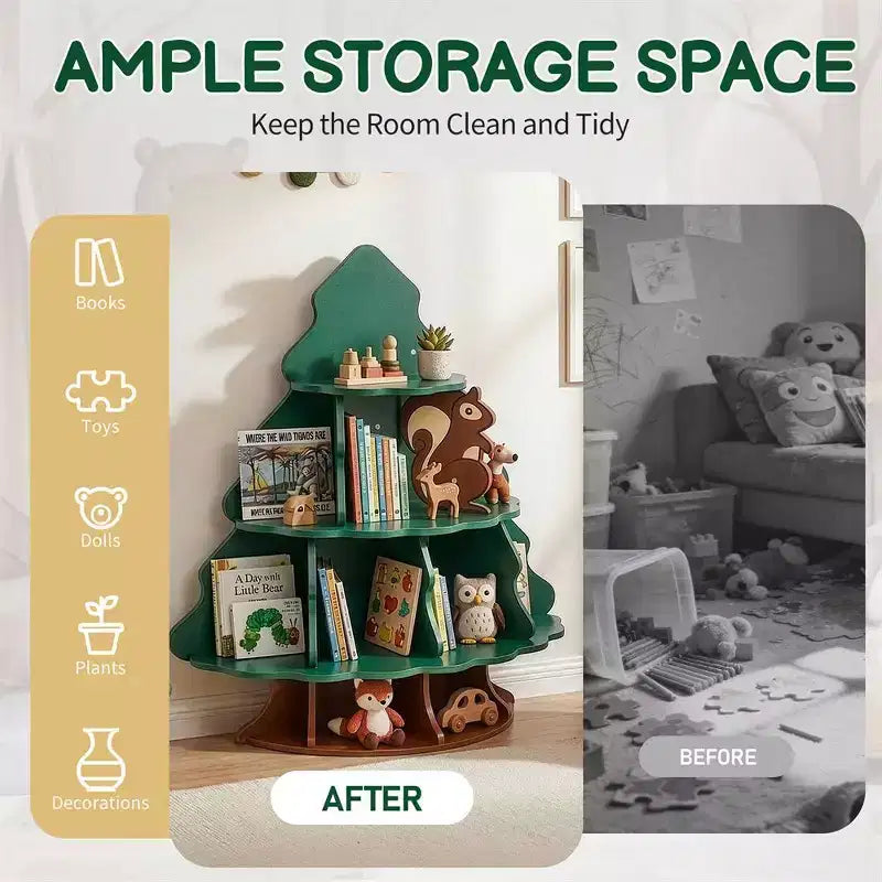 Libreria a 4 livelli con 12 scomparti per bambini - Design albero di Natale e scoiattolo, MDF, Età 3+