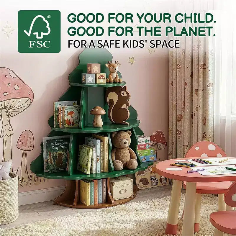 Libreria a 4 livelli con 12 scomparti per bambini - Design albero di Natale e scoiattolo, MDF, Età 3+