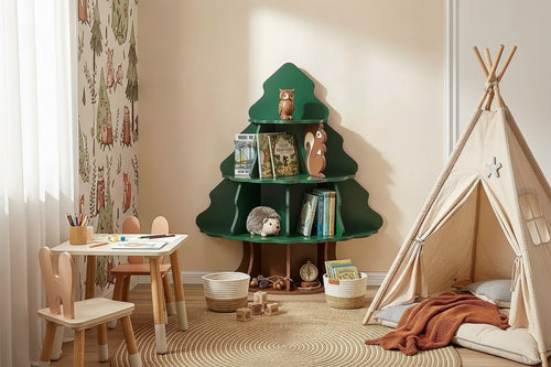Libreria a 4 livelli con 12 scomparti per bambini - Design albero di Natale e scoiattolo, MDF, Età 3+