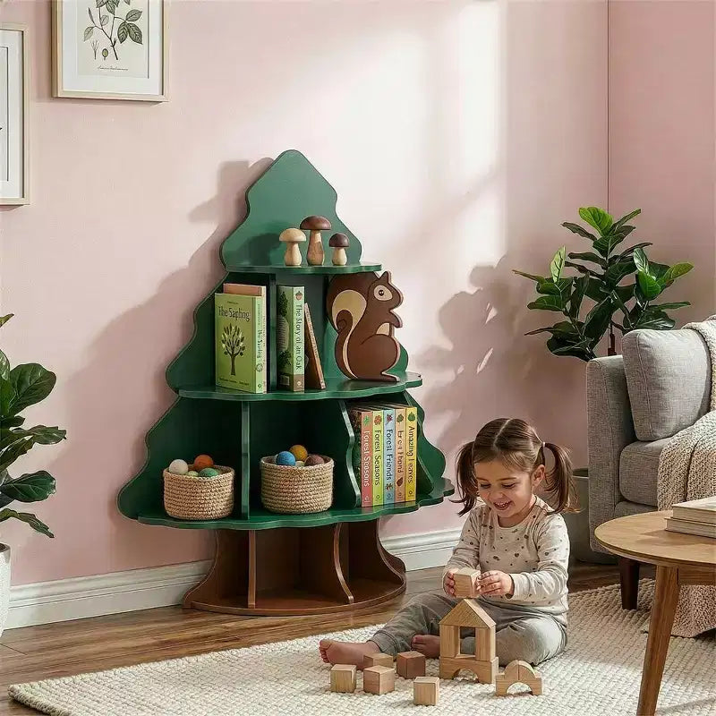 4-Tier 12-Compartment Kids Bookshelf - Christmas Tree & Squirrel Design, MDF, Ages 3+