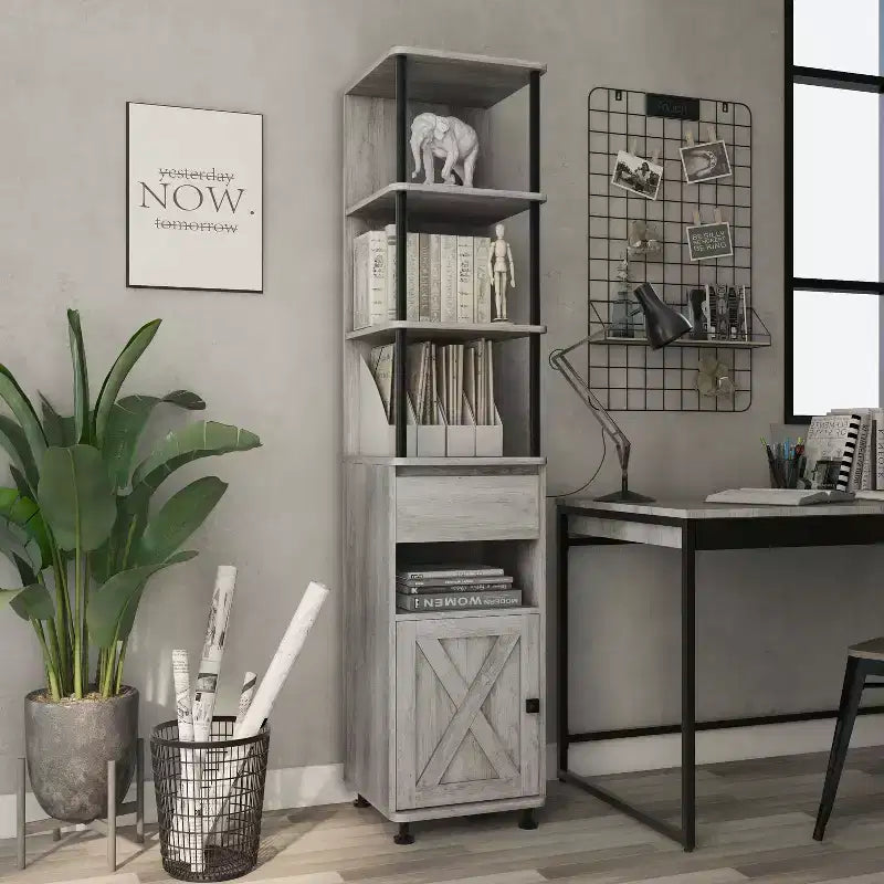 72.3" Vintage Gray Oak TV Tower with Black Iron Frame, Barn Door & Drawer – 1 Person