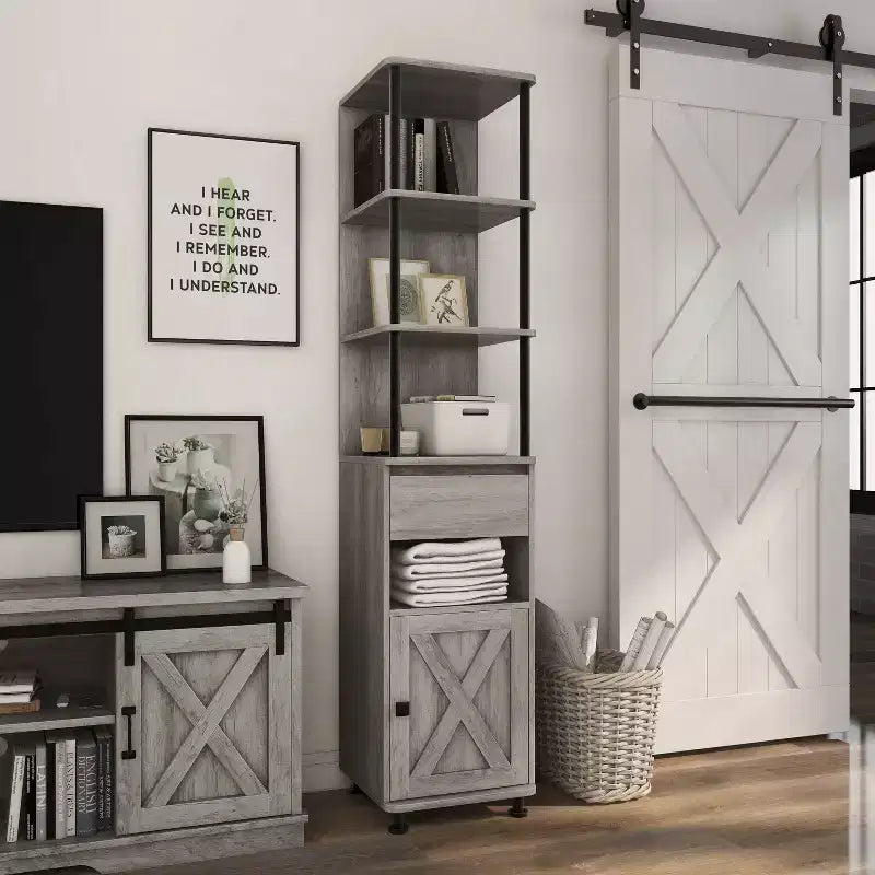 72.3" Vintage Gray Oak TV Tower with Black Iron Frame, Barn Door & Drawer – 1 Person
