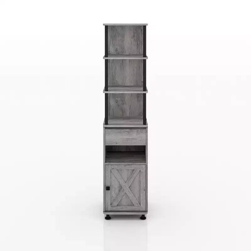 72.3" Vintage Gray Oak TV Tower with Black Iron Frame, Barn Door & Drawer – 1 Person