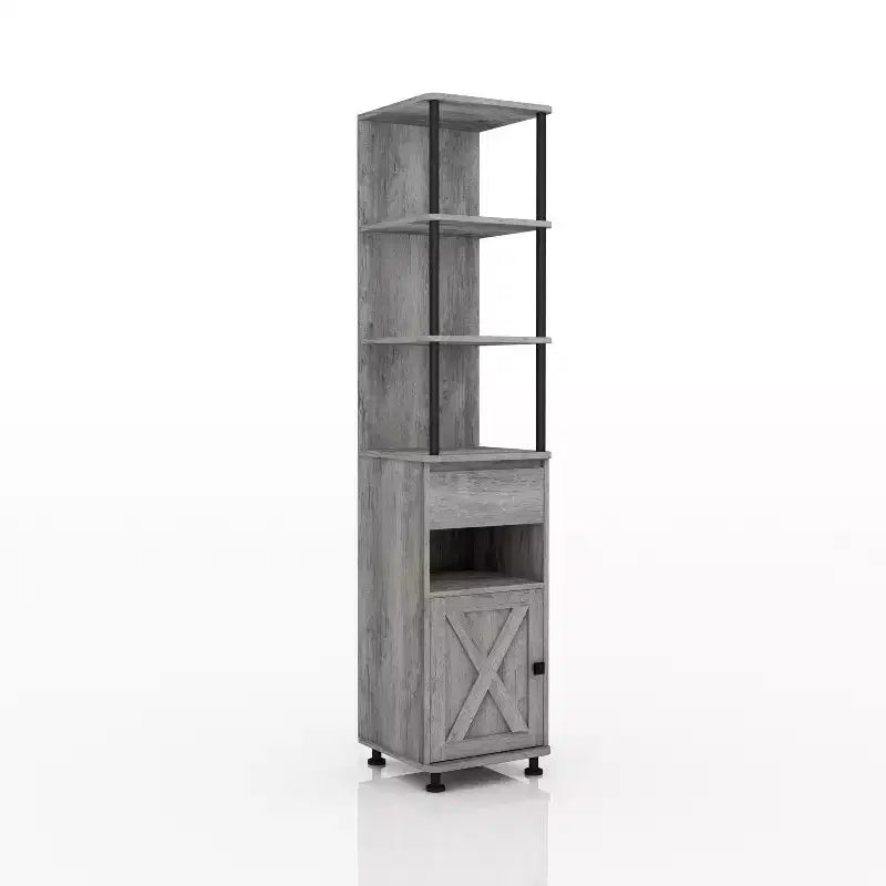 72.3" Vintage Gray Oak TV Tower with Black Iron Frame, Barn Door & Drawer – 1 Person