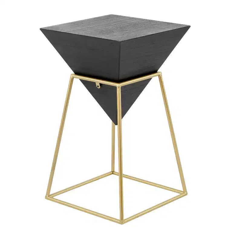 Tavolino d'appoggio triangolare nero e oro, metallo e legno, singolo