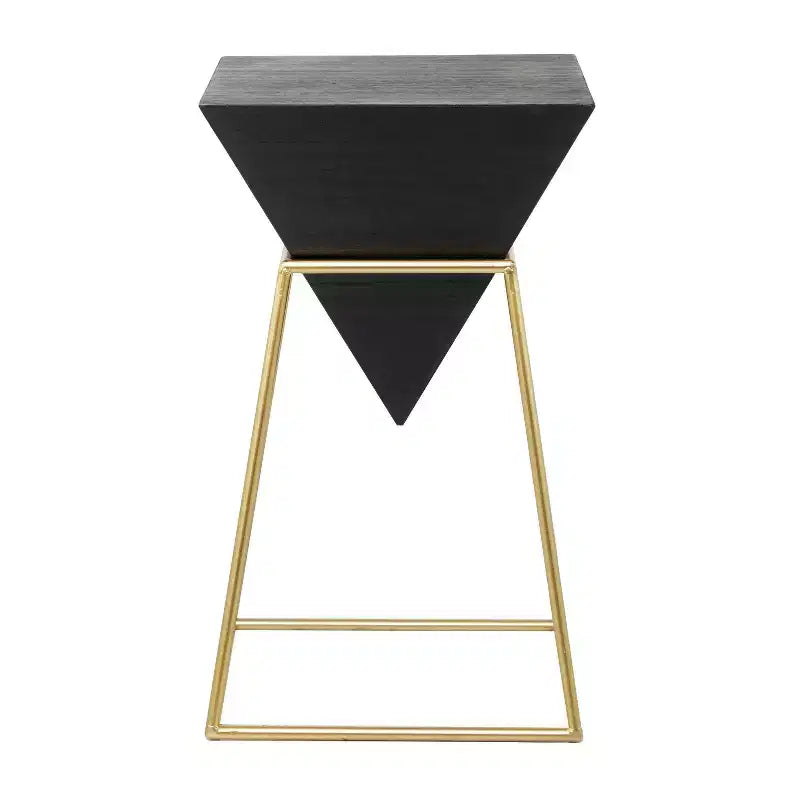 Tavolino d'appoggio triangolare nero e oro, metallo e legno, singolo