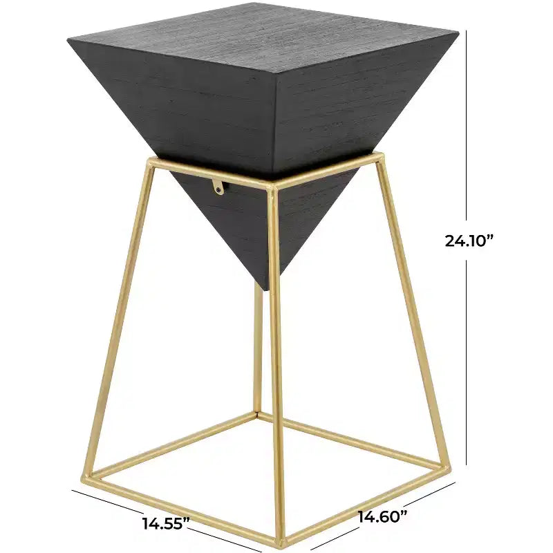 Tavolino d'appoggio triangolare nero e oro, metallo e legno, singolo